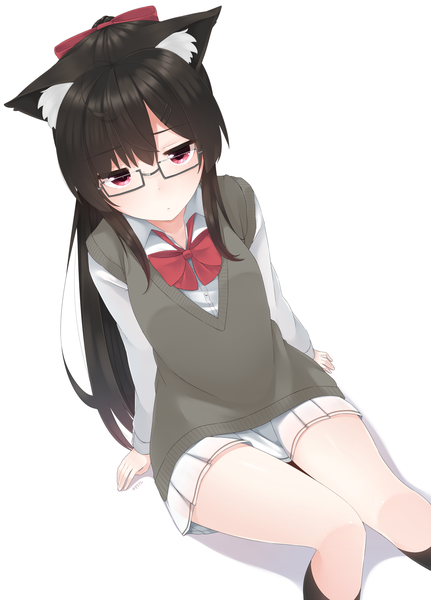 Anime picture 2000x2780 with original yukichi (sukiyaki39) single long hair tall image looking at viewer blush highres black hair simple background red eyes white background animal ears cat ears girl skirt miniskirt glasses bowtie