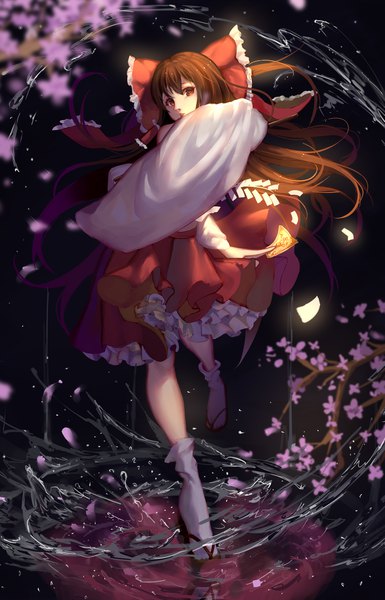 Anime picture 1173x1828 with touhou hakurei reimu pkq single long hair tall image brown hair standing brown eyes full body traditional clothes japanese clothes wide sleeves cherry blossoms standing on one leg reflection miko girl bow hair bow