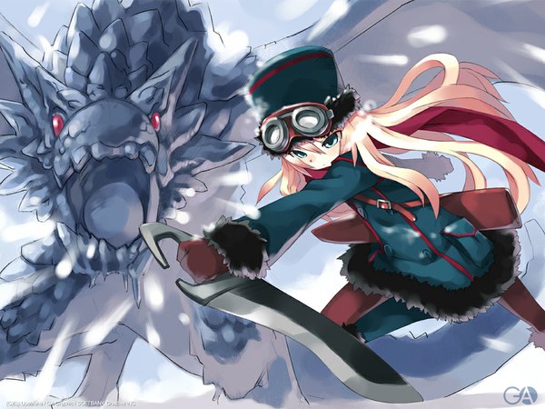 Anime picture 1024x768 with gagraphic usatsuka eiji single long hair fringe blue eyes blonde hair hair between eyes looking away fur trim fantasy goggles on head girl fur coat cap goggles dragon mittens