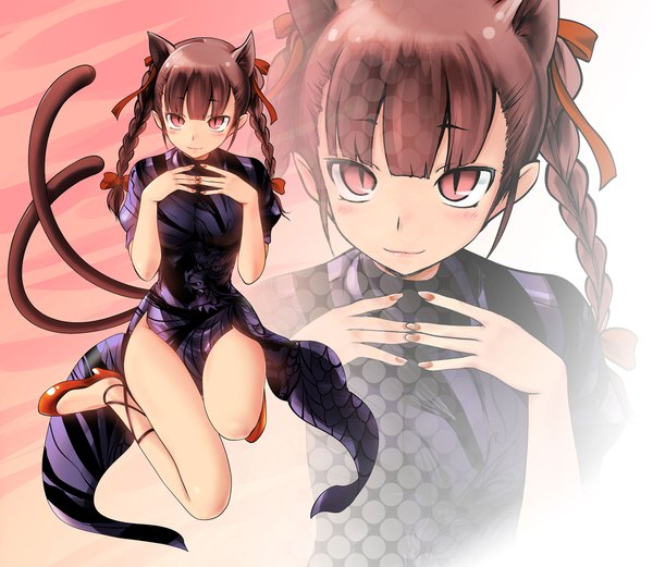 Anime picture 2000x1737 with touhou kaenbyou rin namamo nanase single long hair looking at viewer highres brown hair animal ears tail braid (braids) nail polish animal tail cat ears cat tail twin braids kneeling chinese clothes multiple tails zoom layer