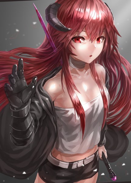 Anime picture 767x1071 with million arthur (series) square enix kfr single long hair tall image looking at viewer fringe open mouth red eyes red hair horn (horns) girl gloves weapon sword elbow gloves shorts