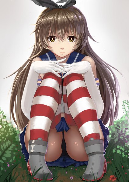 Anime picture 1240x1754 with kantai collection shimakaze destroyer wenhe single long hair tall image looking at viewer fringe light erotic smile brown hair sitting bare shoulders yellow eyes pantyshot girl thighhighs underwear panties plant (plants)
