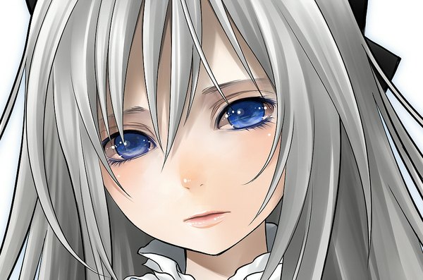 Anime picture 1011x669 with original makita maki single long hair looking at viewer blush blue eyes head tilt grey hair portrait face girl