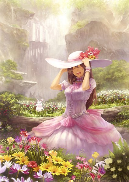 Anime picture 2119x2997 with original pixiv girls collection 2011 pixiv festa guchico single long hair tall image highres open mouth smile brown hair eyes closed happy rock girl dress flower (flowers) plant (plants) hat animal