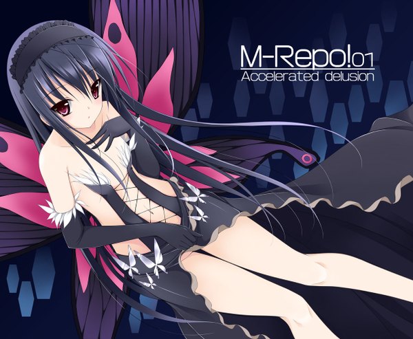 Anime picture 1216x1000 with accel world sunrise (studio) kuroyukihime tomosuke single long hair black hair red eyes insect wings butterfly wings girl dress gloves navel elbow gloves headdress insect butterfly