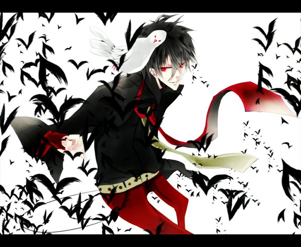 Anime picture 1000x820 with daiviad single looking at viewer short hair black hair simple background red eyes white background boy animal necktie belt bird (birds)