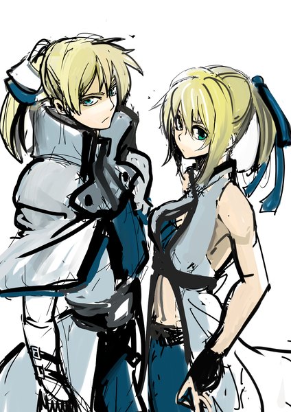 Anime picture 1000x1414 with guilty gear tagme (character) ky kiske tagme (artist) long hair tall image looking at viewer simple background blonde hair standing white background bare shoulders green eyes ponytail aqua eyes sleeveless couple face to face girl boy