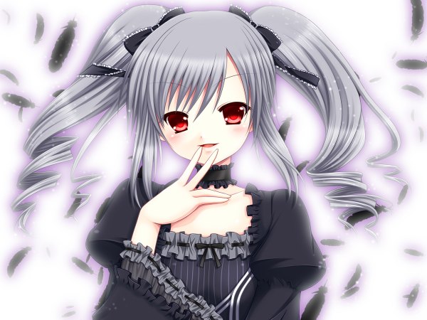 Anime picture 1200x900 with idolmaster idolmaster cinderella girls kanzaki ranko asazuki kanai single long hair looking at viewer blush open mouth red eyes twintails grey hair drill hair girl dress bow hair bow feather (feathers)