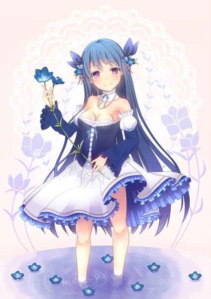 Anime picture 1157x1637 with original tsukishiro kouya (artist) single long hair tall image smile purple eyes bare shoulders blue hair girl dress flower (flowers) water necklace