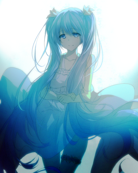 Anime picture 1024x1280 with vocaloid hatsune miku isumi (yangyan) single tall image looking at viewer fringe blue eyes hair between eyes twintails payot very long hair light smile aqua hair hands clasped girl dress hair ornament white dress sundress