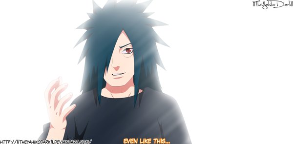 Anime picture 2000x986 with naruto studio pierrot naruto (series) uchiha madara iitheyahikodarkii single long hair looking at viewer fringe highres black hair simple background red eyes wide image white background hair over one eye inscription coloring sharingan boy