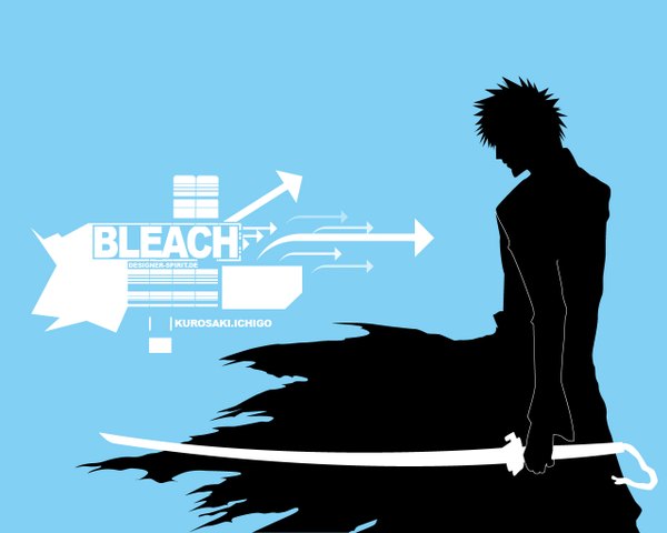 Anime picture 1280x1024 with bleach studio pierrot kurosaki ichigo short hair torn clothes blue background silhouette boy weapon sword katana directional arrow