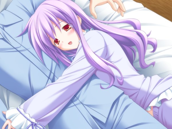 Anime picture 1600x1200 with canvas 3 valentine pink yamabuki renge (canvas) sakana long hair blush open mouth red eyes game cg purple hair lying hug girl pajamas