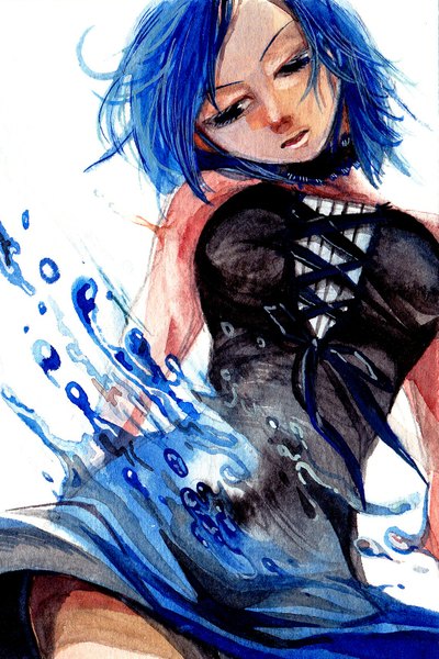 Anime picture 1148x1721 with fairy tail juvia lockser arubino single tall image short hair breasts blue eyes bare shoulders blue hair sleeveless traditional media watercolor (medium) girl dress choker water corset