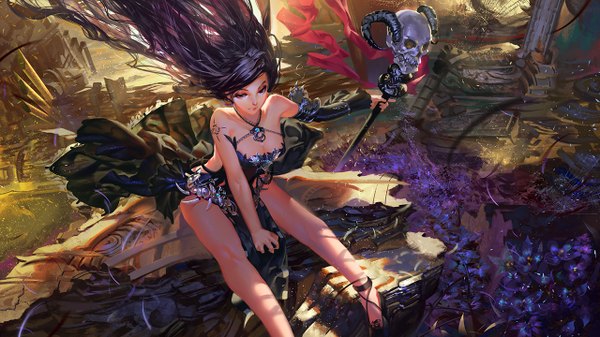 Anime picture 1280x720 with original karasu-san (syh3iua83) single long hair looking at viewer black hair red eyes wide image tattoo wallpaper fantasy girl dress flower (flowers) petals staff skull abandoned building