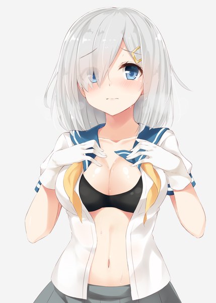 Anime picture 1786x2500 with kantai collection hamakaze destroyer takehana note single tall image looking at viewer blush fringe highres short hair breasts blue eyes light erotic simple background large breasts white background silver hair hair over one eye grey background open clothes