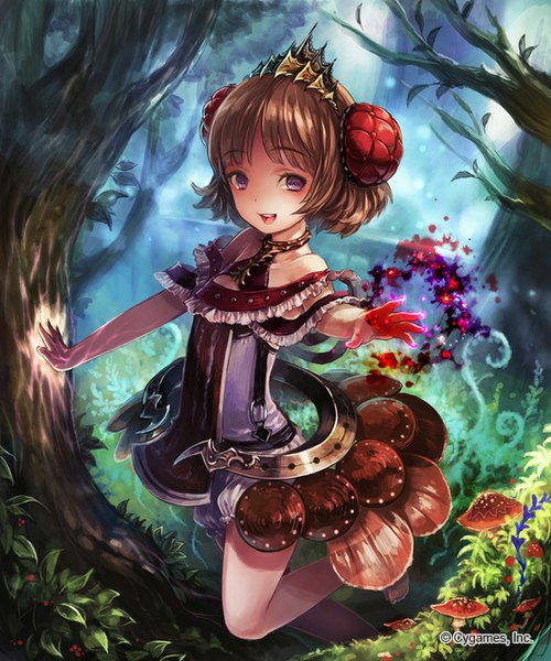 Anime picture 667x800 with original ma yo ko single tall image looking at viewer fringe short hair open mouth brown hair standing purple eyes outstretched arm magic happy standing on one leg spread arms glow girl plant (plants) tree (trees)