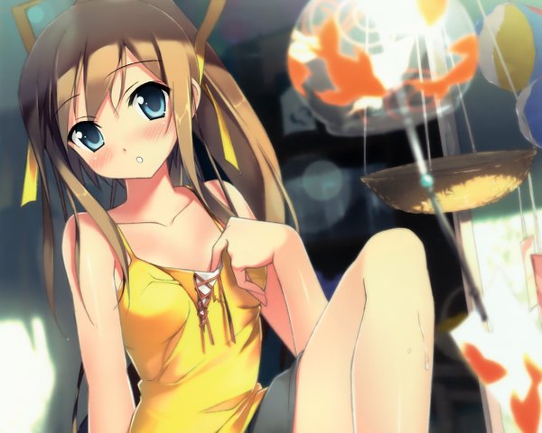 Anime picture 2517x2017 with natsu no ame miyazawa midori kantoku single long hair looking at viewer blush highres blue eyes brown hair bare shoulders ponytail :o wet cropped girl skirt hair ornament shirt