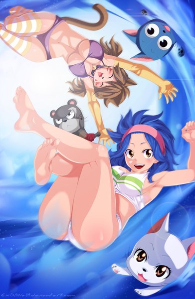 Anime picture 1024x1571 with fairy tail happy (fairy tail) charle (fairy tail) levy mcgarden panther lily millianna exdniva09 long hair tall image blush breasts open mouth light erotic smile brown hair large breasts multiple girls brown eyes animal ears blue hair