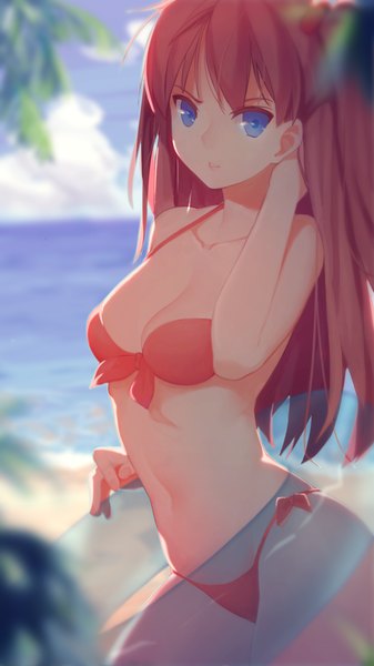 Anime picture 1110x1973 with neon genesis evangelion gainax soryu asuka langley qiongsheng single long hair tall image looking at viewer fringe breasts blue eyes light erotic sky cloud (clouds) red hair blurry beach arched back front-tie top transparent