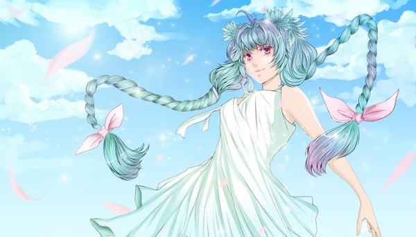 Anime picture 3000x1714 with original orcaj single long hair blush highres wide image blue hair sky cloud (clouds) braid (braids) pink eyes twin braids girl dress bow hair bow petals