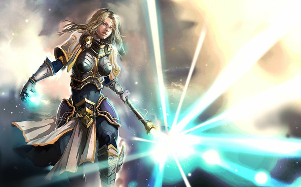 Anime picture 1133x705 with league of legends lux (league of legends) single long hair blue eyes blonde hair wide image magic girl weapon armor staff
