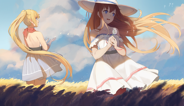 Anime picture 3000x1725 with warship girls r northampton (warship girls r) hornet (warship girls r) shuang ye long hair highres open mouth blue eyes blonde hair wide image standing multiple girls holding looking away sky cloud (clouds) outdoors ponytail very long hair wind