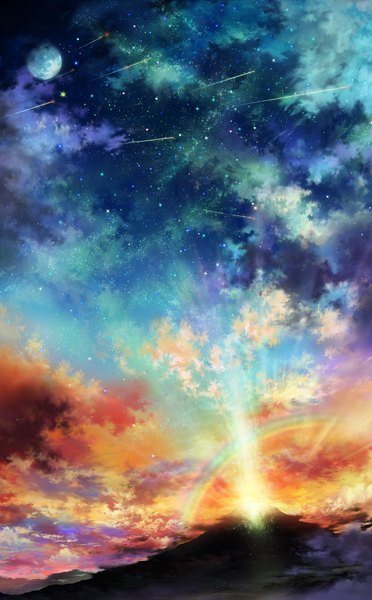 Anime picture 1240x2000 with original iy (tsujiki) tall image cloud (clouds) sunlight mountain no people morning constellation sunrise milky way meteor rain moon star (stars) full moon sun rainbow