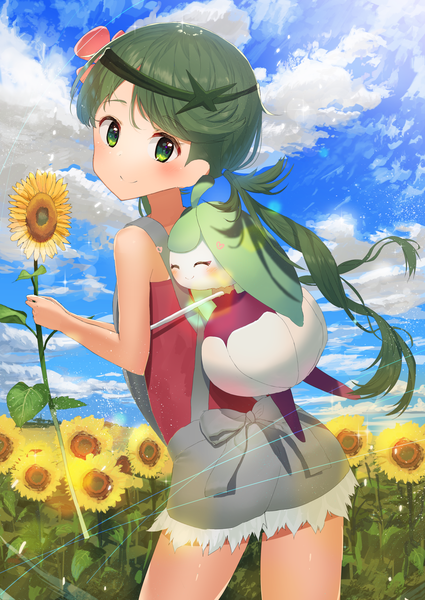 Anime picture 1756x2479 with pokemon pokemon sm nintendo mallow (pokemon) steenee akamizuki (akmzk) single long hair tall image looking at viewer blush highres smile twintails green eyes sky cloud (clouds) looking back green hair hug