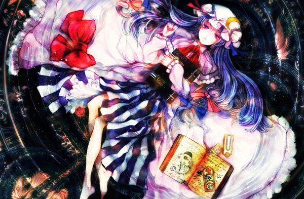 Anime picture 1577x1034 with touhou patchouli knowledge pepepo (kyachi) single long hair purple eyes purple hair lying barefoot magic reflection crescent girl dress bow hat water book (books) star (stars) magic circle