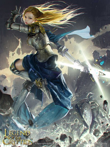 Anime picture 3000x4000 with legend of the cryptids totorrl (artist) long hair tall image looking at viewer highres blue eyes blonde hair signed bent knee (knees) cameltoe glow knight girl weapon sword boots armor thigh boots armored dress