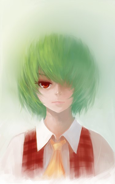 Anime picture 1050x1680 with touhou kazami yuuka sola7764 single tall image looking at viewer fringe short hair simple background red eyes green hair hair over one eye green background girl