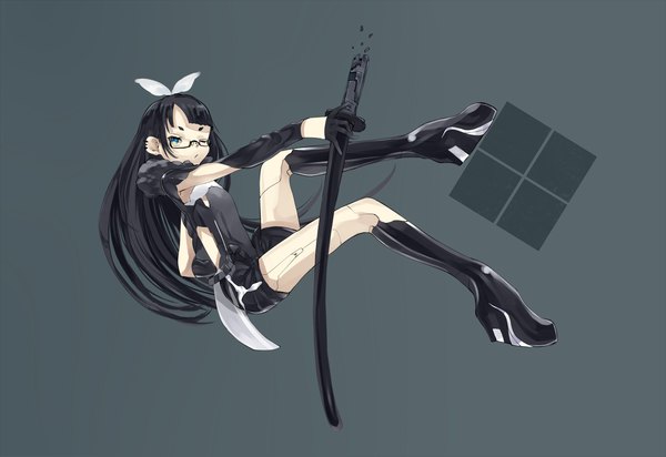 Anime picture 1700x1168 with original tomaeda (bravered) long hair fringe blue eyes black hair simple background one eye closed wink grey background weightlessness girl gloves bow weapon hair bow earrings sword glasses shorts