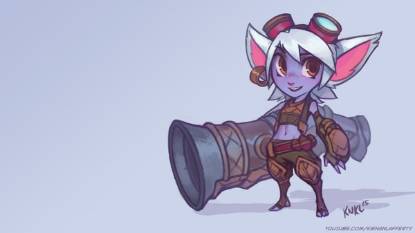 Anime picture 1920x1080 with league of legends tristana (league of legends) knockwurst single fringe highres short hair simple background smile wide image animal ears looking away silver hair orange eyes goggles on head blue skin girl weapon belt gun