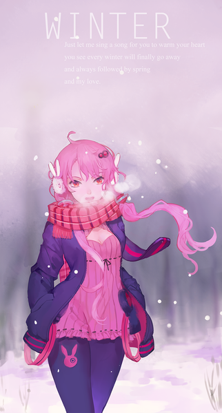 Anime picture 744x1384 with vocaloid yuzuki yukari hoshimawa single long hair tall image fringe open mouth red eyes twintails pink hair cleavage ahoge open clothes open jacket low twintails snowing exhalation steam hands in pockets
