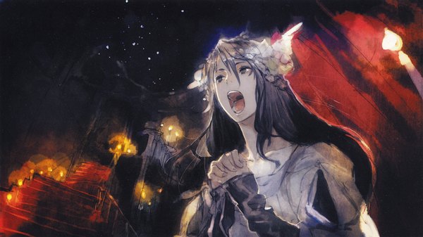 Anime picture 1280x720 with no.6 studio bones nezumi (no.6) humi (artist) long hair open mouth wide image blue hair looking away sky night night sky hands clasped dress boy building (buildings) star (stars) curtains stairs candle (candles)