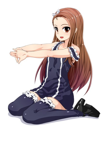 Anime picture 1240x1754 with idolmaster minase iori mamezou (artist) single long hair tall image open mouth simple background red eyes brown hair white background girl thighhighs black thighhighs