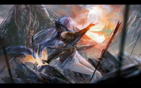 Anime picture 1680x1050 with original pixiv fantasia pixiv fantasia v archlich long hair smile wide image sitting purple eyes purple hair cloud (clouds) legs evening sunset girl sword armor fire dragon arrow (arrows)