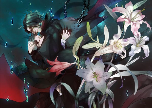 Anime picture 1122x800 with harry potter severus snape harry potter (character) jackt short hair eyes closed head tilt profile aqua hair multiple boys hug dark background hand on another's head boy flower (flowers) glasses chain 2 boys pants cloak