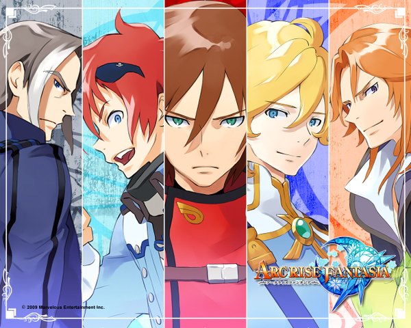 Anime picture 1280x1024 with arc rise fantasia looking at viewer short hair open mouth blue eyes blonde hair brown hair brown eyes green eyes red hair light smile grey hair orange hair inscription multiple boys boy
