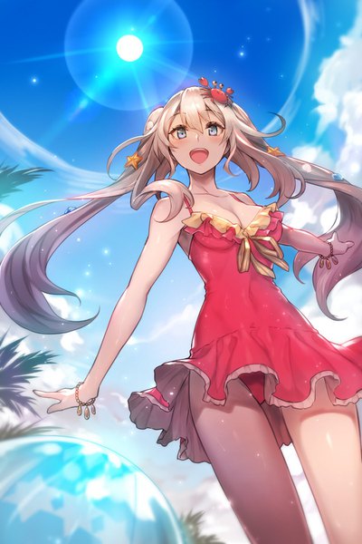 Anime picture 1000x1500 with fate (series) fate/grand order marie antoinette (fate/grand order) marie antoinette (swimsuit caster) (fate) kakage single long hair tall image looking at viewer fringe breasts open mouth blue eyes light erotic blonde hair hair between eyes standing twintails bare shoulders sky