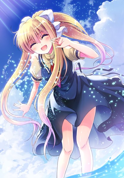 Anime picture 1110x1594 with air key (studio) kamio misuzu tazu single long hair tall image blush fringe open mouth blonde hair hair between eyes payot sky cloud (clouds) ponytail eyes closed :d sunlight leaning