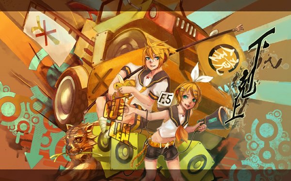 Anime picture 1098x686 with vocaloid kagamine rin kagamine len raionart looking at viewer short hair blonde hair smile wide image green eyes bare belly bandaid on nose girl boy hair ornament bow hair bow shorts belt hairclip