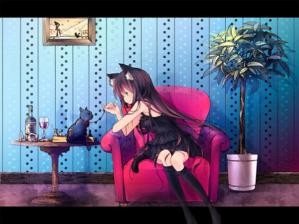 Anime picture 1280x960 with original sakurano miya long hair blue eyes black hair animal ears tail cat girl loli girl dress plant (plants) black dress cat bottle armchair