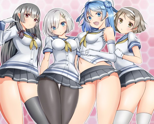 Anime picture 1246x1000 with kantai collection hamakaze destroyer isokaze destroyer urakaze destroyer tanikaze destroyer gachapon (artist) long hair looking at viewer blush short hair open mouth blue eyes light erotic black hair simple background red eyes multiple girls brown eyes blue hair silver hair