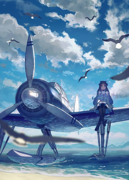 Anime picture 2122x2945 with original yasumo (kuusouorbital) long hair tall image highres open mouth blue eyes sitting blue hair looking away sky cloud (clouds) full body bent knee (knees) outdoors wide sleeves arm support no bra :o from below