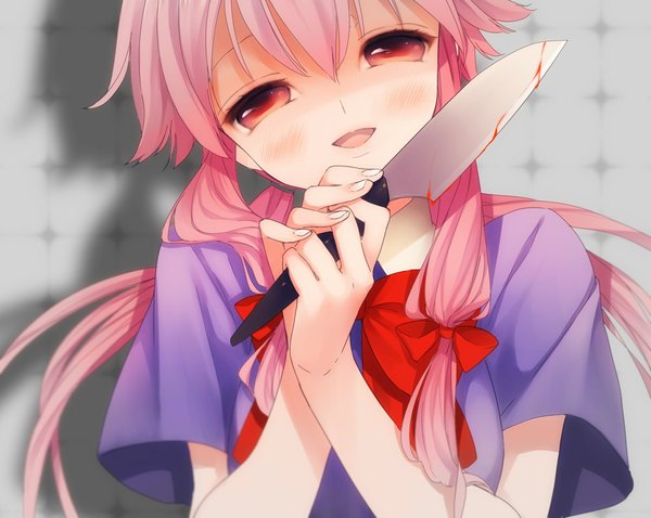 Anime picture 1000x797 with mirai nikki gasai yuno etomai single long hair looking at viewer blush open mouth red eyes twintails pink hair yandere girl uniform bow hair bow school uniform blood knife