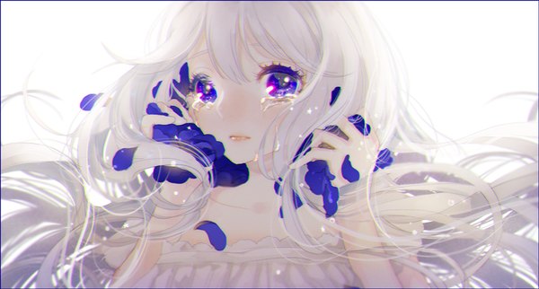 Anime picture 1000x537 with original yua (tick-tack) single long hair looking at viewer wide image white background purple eyes bare shoulders holding white hair lips tears crying girl petals collar