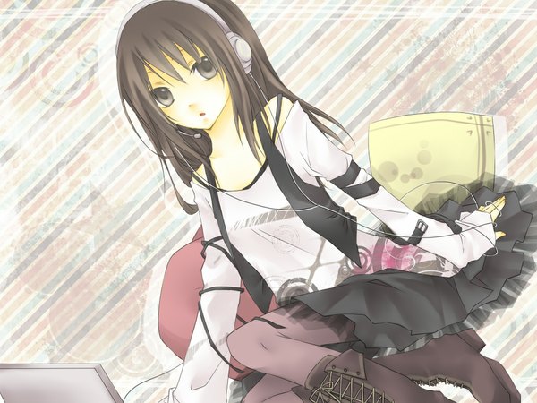 Anime picture 1024x768 with original li (liras) single long hair looking at viewer fringe open mouth black hair bare shoulders black eyes girl skirt boots headphones pillow