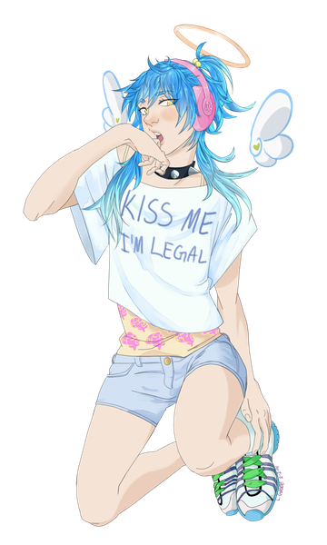 Anime picture 1024x1704 with dramatical murder nitro+chiral aoba (dmmd) party-mcfly (artist) long hair tall image open mouth yellow eyes blue hair multicolored hair aqua hair two-tone hair gradient hair angel wings boy wings shoes shorts headphones halo